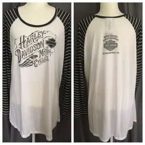 NWT Harley White Dealer T-Shirt w/ Striped Long Sleeves Size 1X Oconomowoc, WI